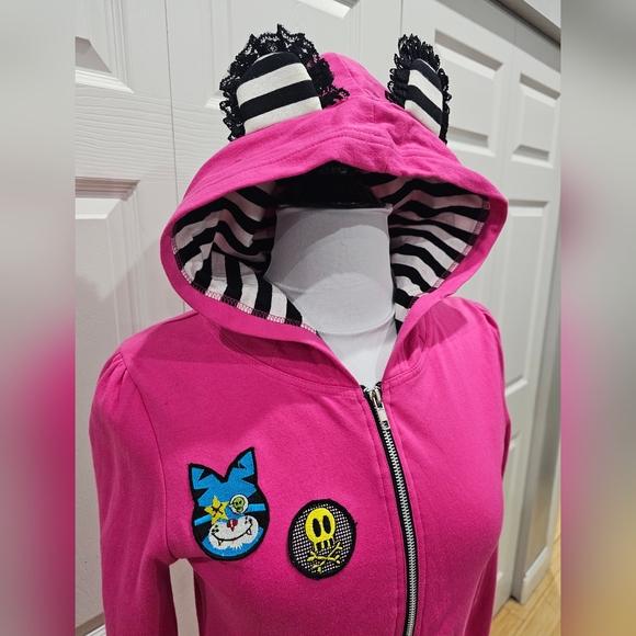 Rare Jessica Louise Pink Punk Patch Black White Striped Ear Zip Hoodie M - Picture 4 of 12